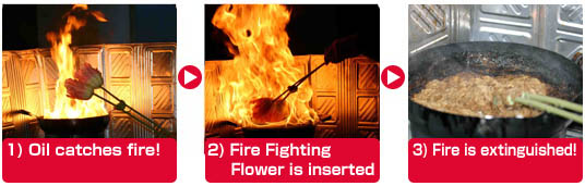 1.Oil catches fire!→ 2.Fire Fighting Flower is inserted→ 3.Fire is extinguished!